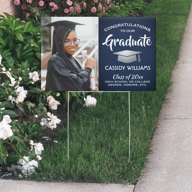 Photo Congrats Navy Blue White & Silver Graduation Sign (Creator Uploaded)