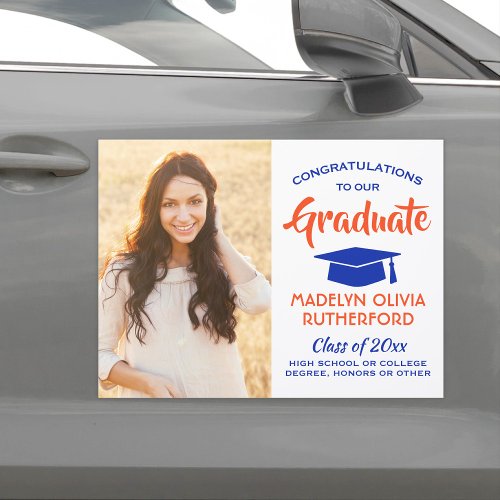 Photo Congrats Orange and Blue Graduation Parade Car Magnet