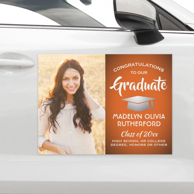 Photo Congrats Orange and White Graduation Parade Car Magnet (Creator Uploaded)