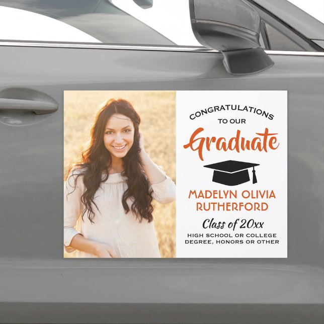 Photo Congrats Orange Black and White Graduation Car Magnet (Creator Uploaded)