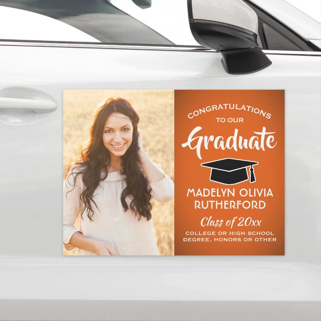 Photo Congrats Orange White & Black Graduation Car Magnet (Creator Uploaded)