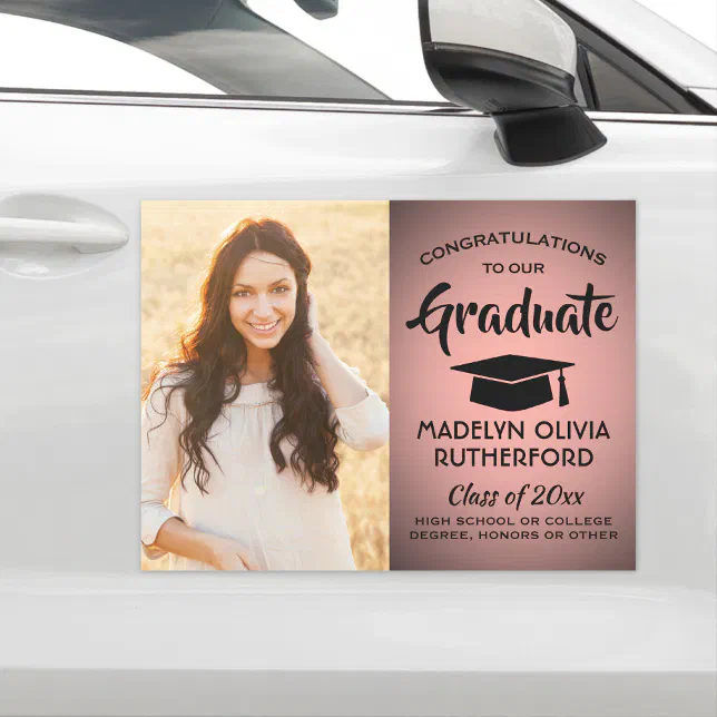 Photo Congrats Pink Rose Gold and Black Graduation Car Magnet | Zazzle