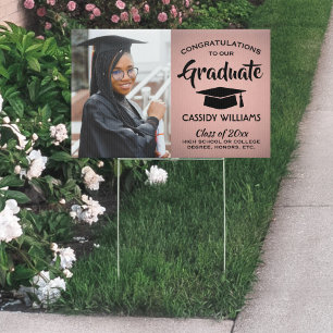 Photo Congrats Pink Rose Gold and Black Graduation Sign