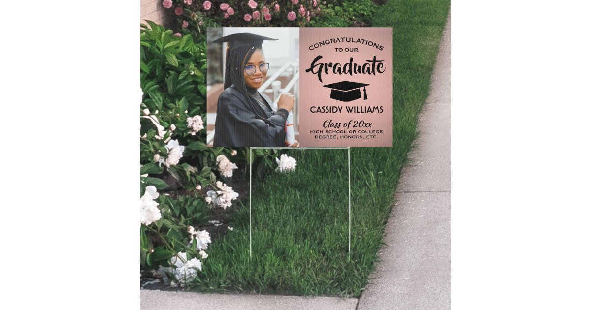 Pink Sign Grad Example Photo Congrats Pink Rose Gold and Black Graduation Sign | Zazzle