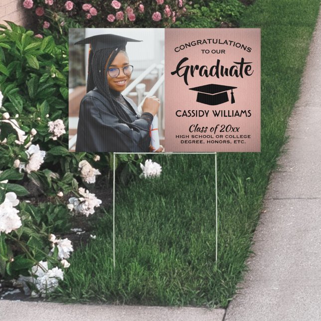 Photo Congrats Pink Rose Gold and Black Graduation Sign (Creator Uploaded)