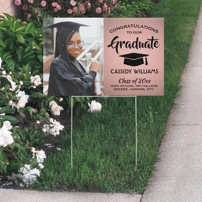 Photo Congrats Pink Rose Gold and Black Graduation Sign | Zazzle