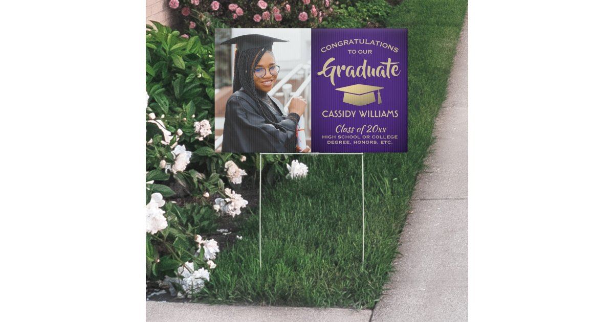 Photo Congrats Purple and Gold Graduation Yard Sign | Zazzle