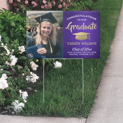 Photo Congrats Purple Gold  White Graduation Yard Sign