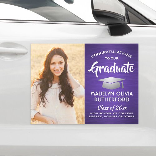 Photo Congrats Purple White  Silver Graduation Car Magnet