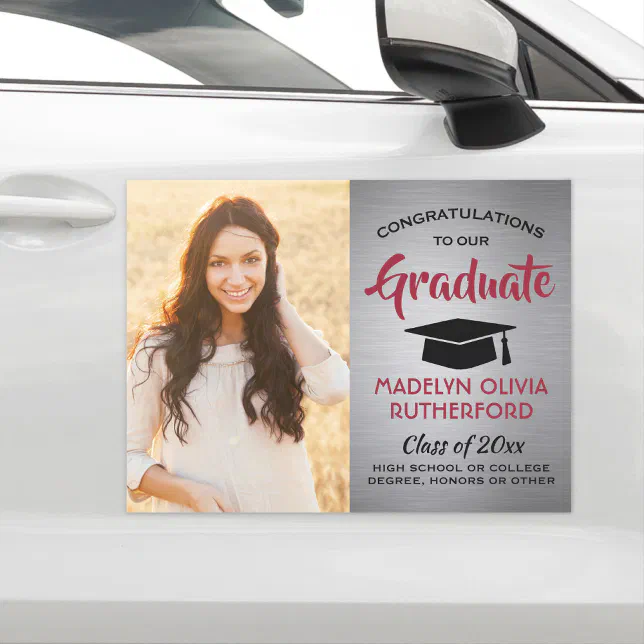Photo Congrats Red Gray Black Graduation Parade Car Magnet | Zazzle