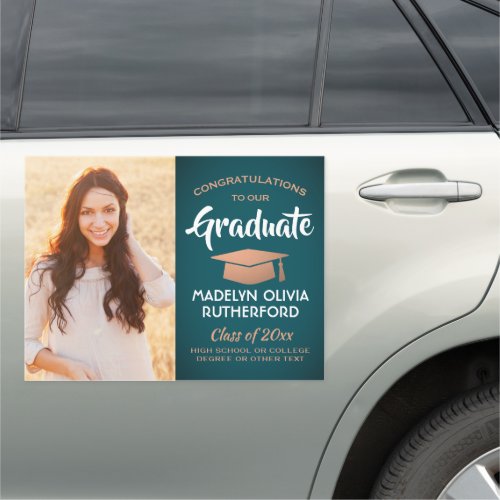 Photo Congrats Teal and Copper Graduation Parade Car Magnet - Add a personalized touch to a college or high school graduation car parade or drive by celebration with a custom photo teal, white, and faux copper car magnet. Picture and all text are simple to customize. Design features a blue-green ombre background, faux foil mortar board cap, stylish modern typography, elegant script calligraphy, and one photo of the graduate, such as a senior picture or image from the commencement ceremony.  This party sign is an elegant way to celebrate the special day. Congratulations to the graduate!