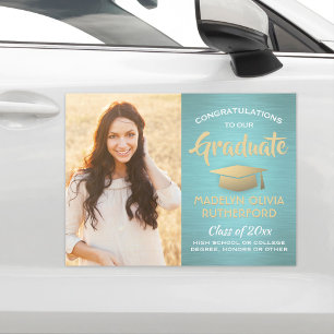 Photo Congrats Teal Blue & Gold Brushed Graduation Car Magnet