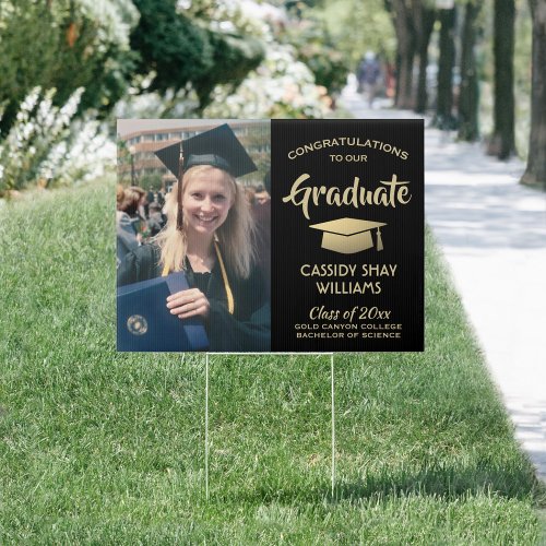 Photo Congratulations Black  Gold Graduation Yard Sign