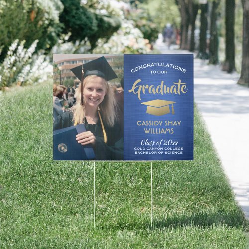 Photo Congratulations Blue Gold White Graduation Sign