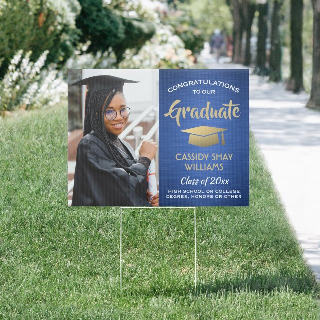 Photo Congratulations Blue Gold White Graduation Sign (Creator Uploaded)