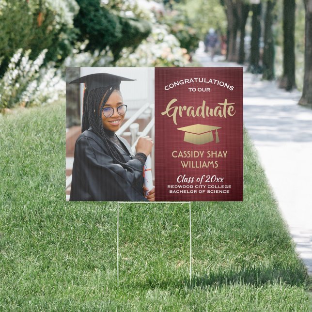 Photo Congratulations Burgundy Red Gold Graduation Sign (Creator Uploaded)