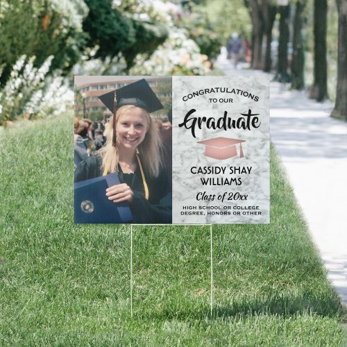 Photo Congratulations Marble Pink Black Graduation Sign