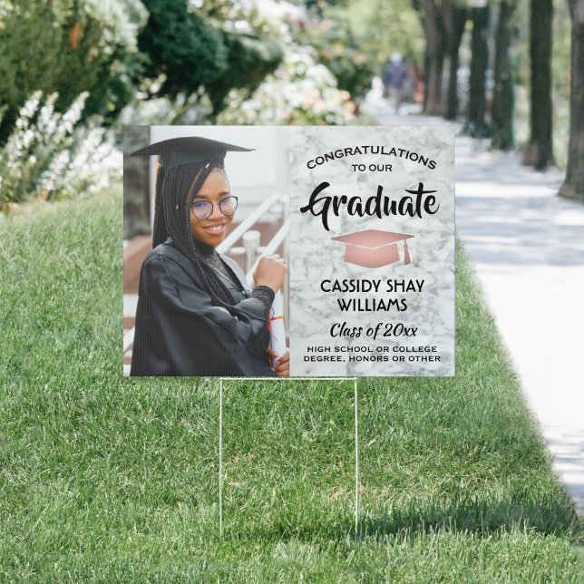 Photo Congratulations Marble Pink Black Graduation Sign (Creator Uploaded)