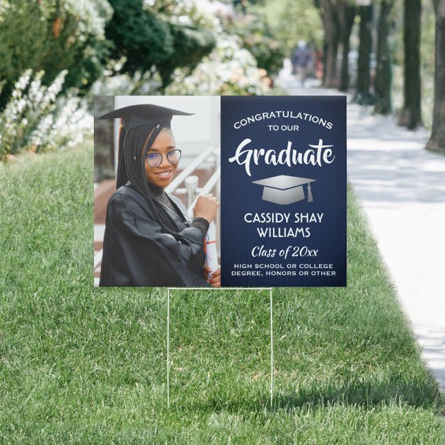 Photo Congratulations Navy Blue White Graduation Sign (Creator Uploaded)
