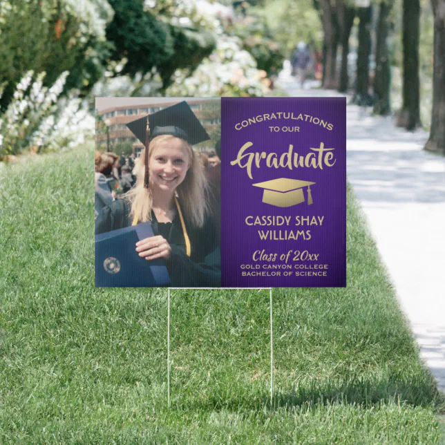 Photo Congratulations Purple Gold Graduation Yard Sign | Zazzle