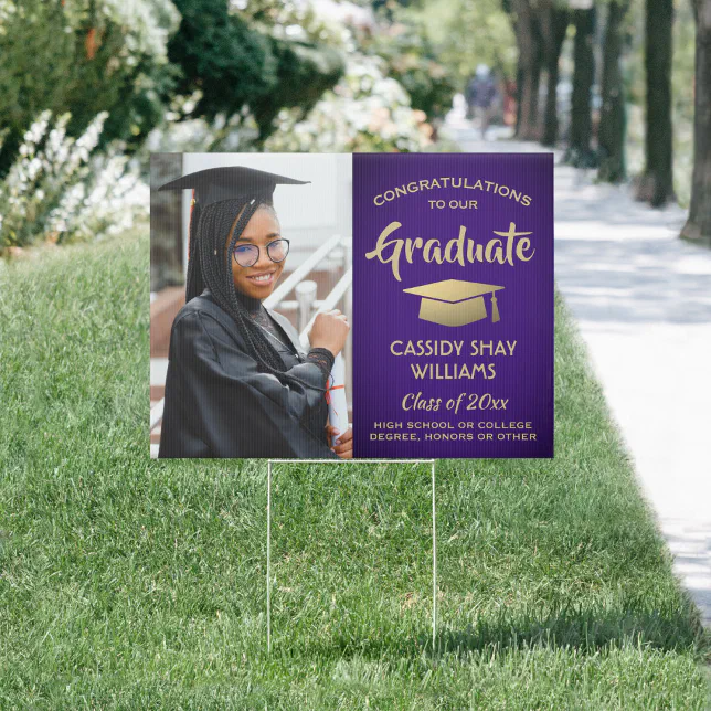 Photo Congratulations Purple Gold Graduation Yard Sign | Zazzle