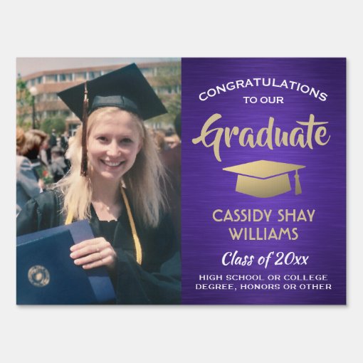 Photo Congratulations Purple Gold White Graduation Sign | Zazzle