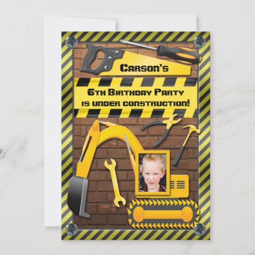 Photo Construction Birthday Party Tools and Digger Invitation