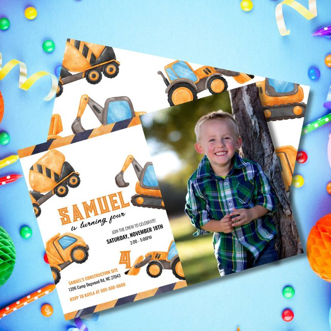 Photo Construction Truck Birthday Invitation (Editable watercolor construction truck invitation with photo. Personalize for a fun birthday)