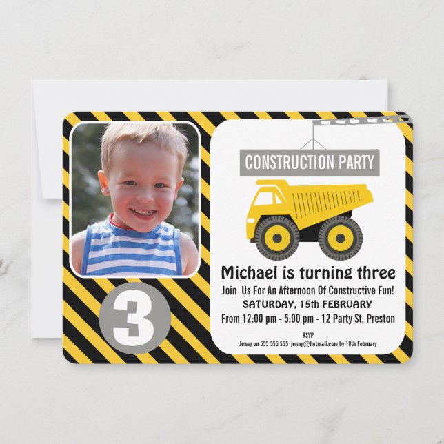 Photo Construction Truck Birthday Invitation (Front)
