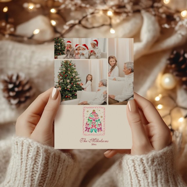 Photo Coquette Bow Pink Tree Christmas Holiday Card (Creator Uploaded)