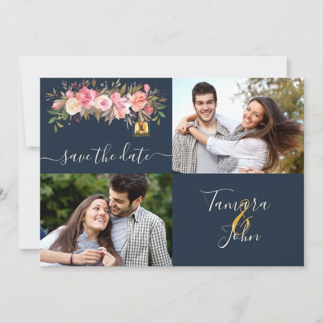 Photo Coral Floral Lights Navy Save The Date Invitation (Front)