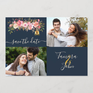 Photo Coral Floral Lights Navy Save The Date Invitation
