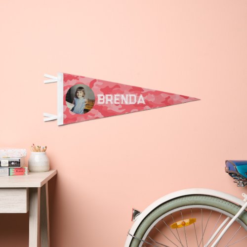 Photo Coral Pink Camo Pattern Girl _ Athletic Font Pennant Flag