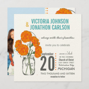 Photo Coral Turquoise Rustic Mason Jar Carnations Invitation