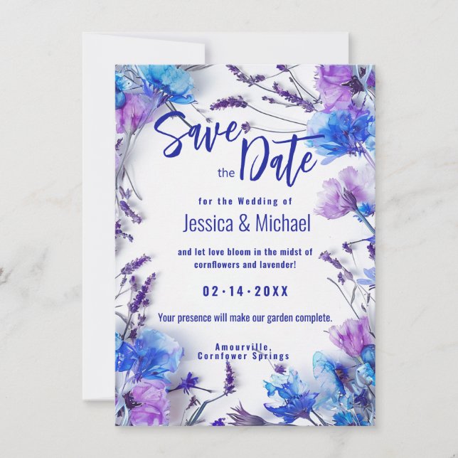 Photo  Cornflowers and Lavender Elegance Save The Date (Front)