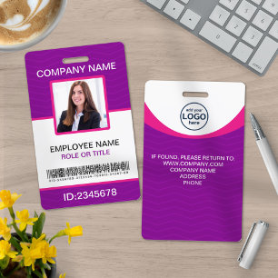 Photo Corporate Employee Name Tags Barcode Purple Badge