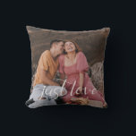 Photo Couple Just Love Script Throw Pillow<br><div class="desc">Design features your best photo with the modern heart script "Just Love",  and a rustic  natural tone linen effect on back.  Ideal gift idea for newlyweds,  housewarming,  anniversary,  and more.</div>