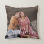 Photo Couple Just Love Script Throw Pillow<br><div class="desc">Design features your best photo with the modern heart script "Just Love",  and a rustic  natural tone linen effect on back.  Ideal gift idea for newlyweds,  housewarming,  anniversary,  and more.</div>