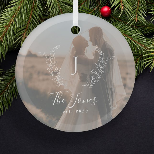 Photo couple newlyweds name monogram elegant glass ornament (Creator Uploaded)