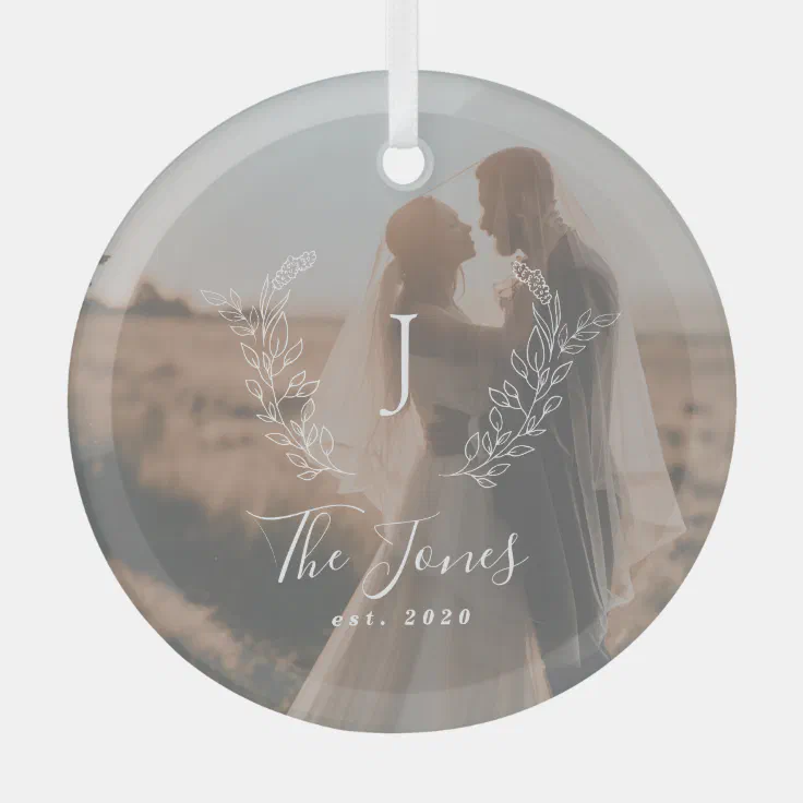 Photo couple newlyweds name monogram elegant glass ornament Zazzle