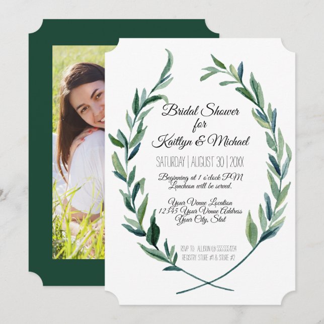 Photo Couples Shower Laurel Wreath Olive Foliage Invitation (Front/Back)