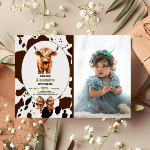 Photo Cow I'm One terracotta Plaid Birthday Invitation