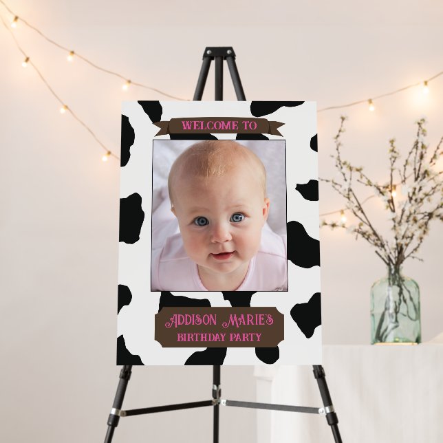 Photo Cow Print Pink Text Party Welcome Sign (In Situ (Stand))