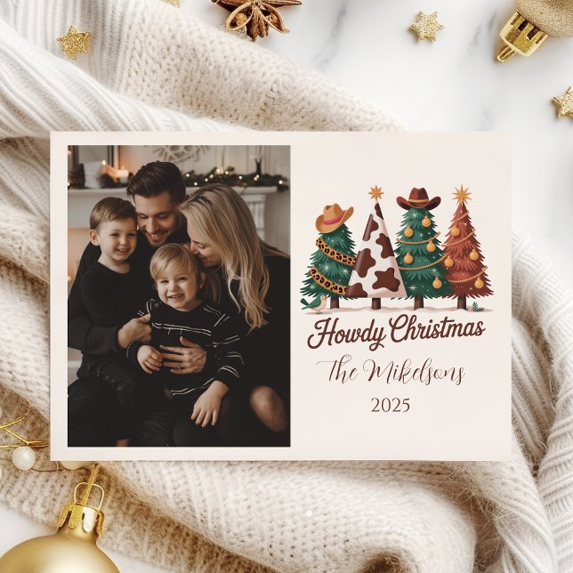 Photo Cow Print Plaid Western Cowgirl Christmas Holiday Card (Creator Uploaded)