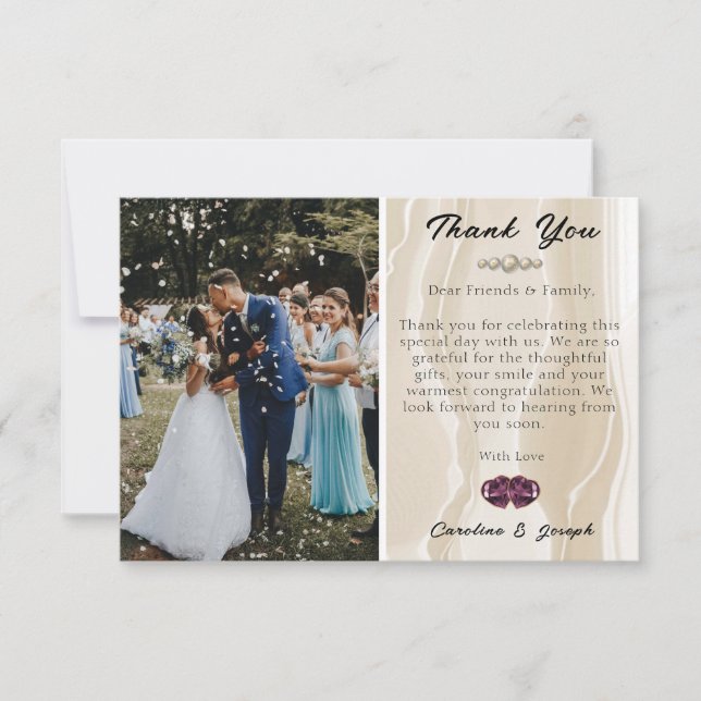Photo & Cream Silk & Heart Wedding Thank You Note Card (Front)