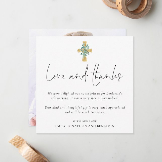 Photo Cross Baptism Christening Love Thanks Note Card (Front/Back In Situ)