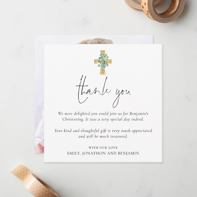 Photo Cross Baptism Christening Thank You Note Card (Front/Back In Situ)