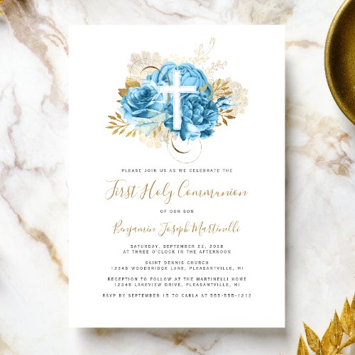 Photo Cross Blue Gold Floral First Communion Invitation