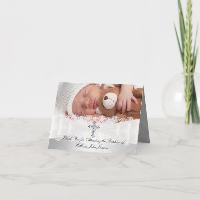 Photo Cross Lace Baptism Thank You Card (Front)