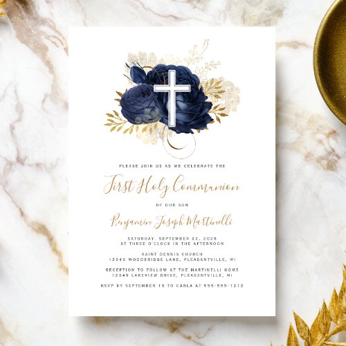 Photo Cross Navy Blue Gold Floral First Communion Invitation